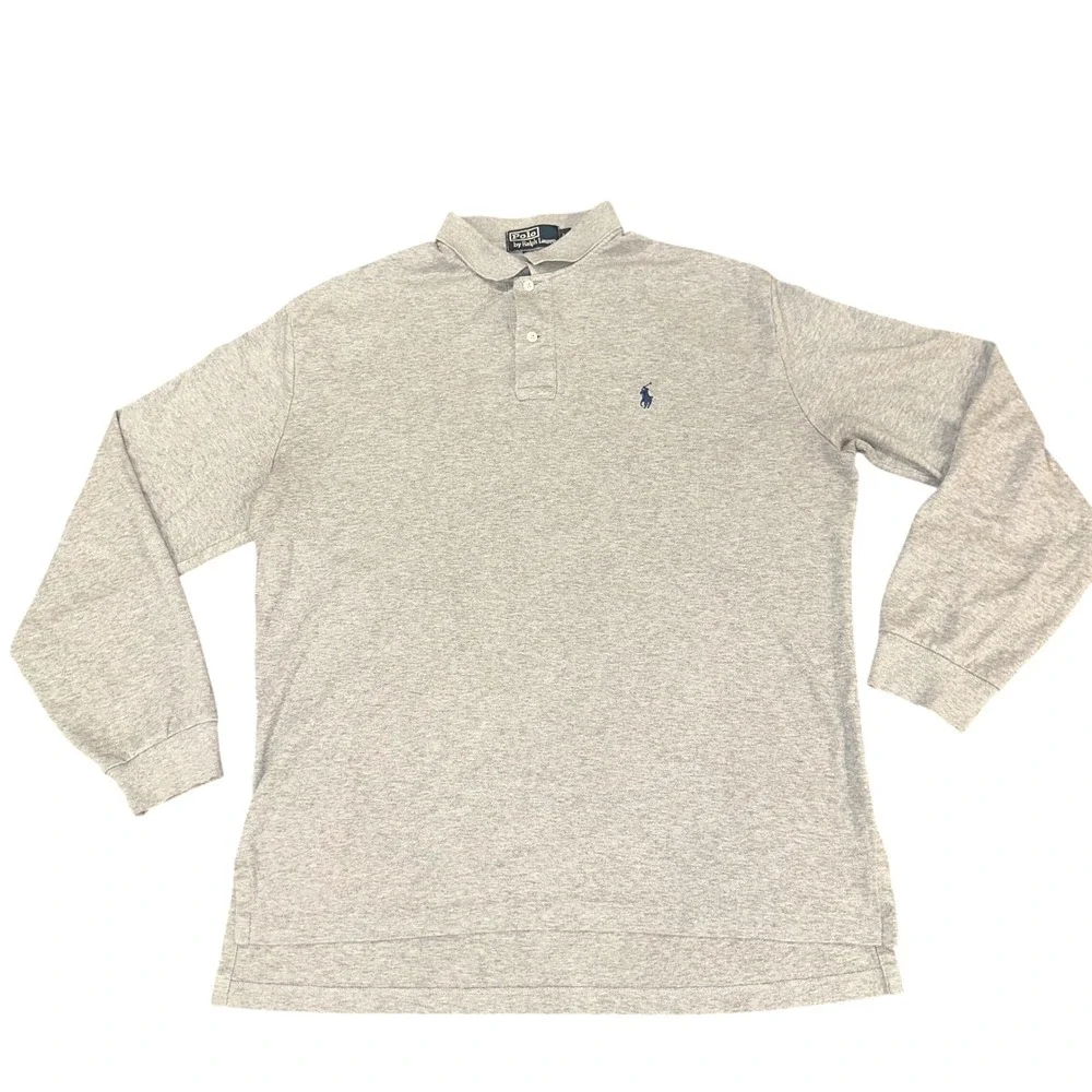 Polo Ralph‎ Lauren Men Large Gray Long Sleeve Cotton Polo Shirt Navy Blue Pony